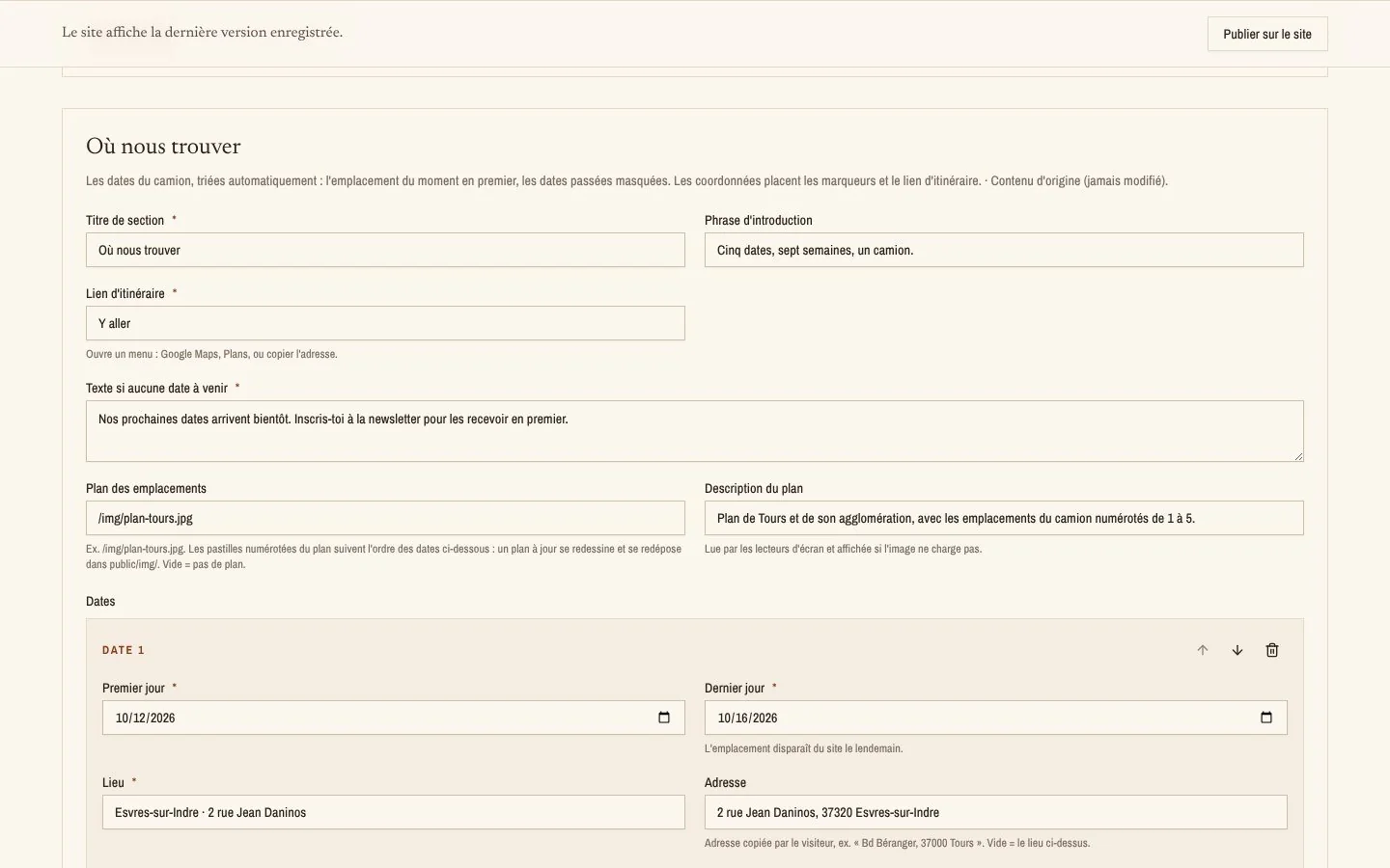 Content editing, locations section: each date with start, end, place, address and hours, reorderable.