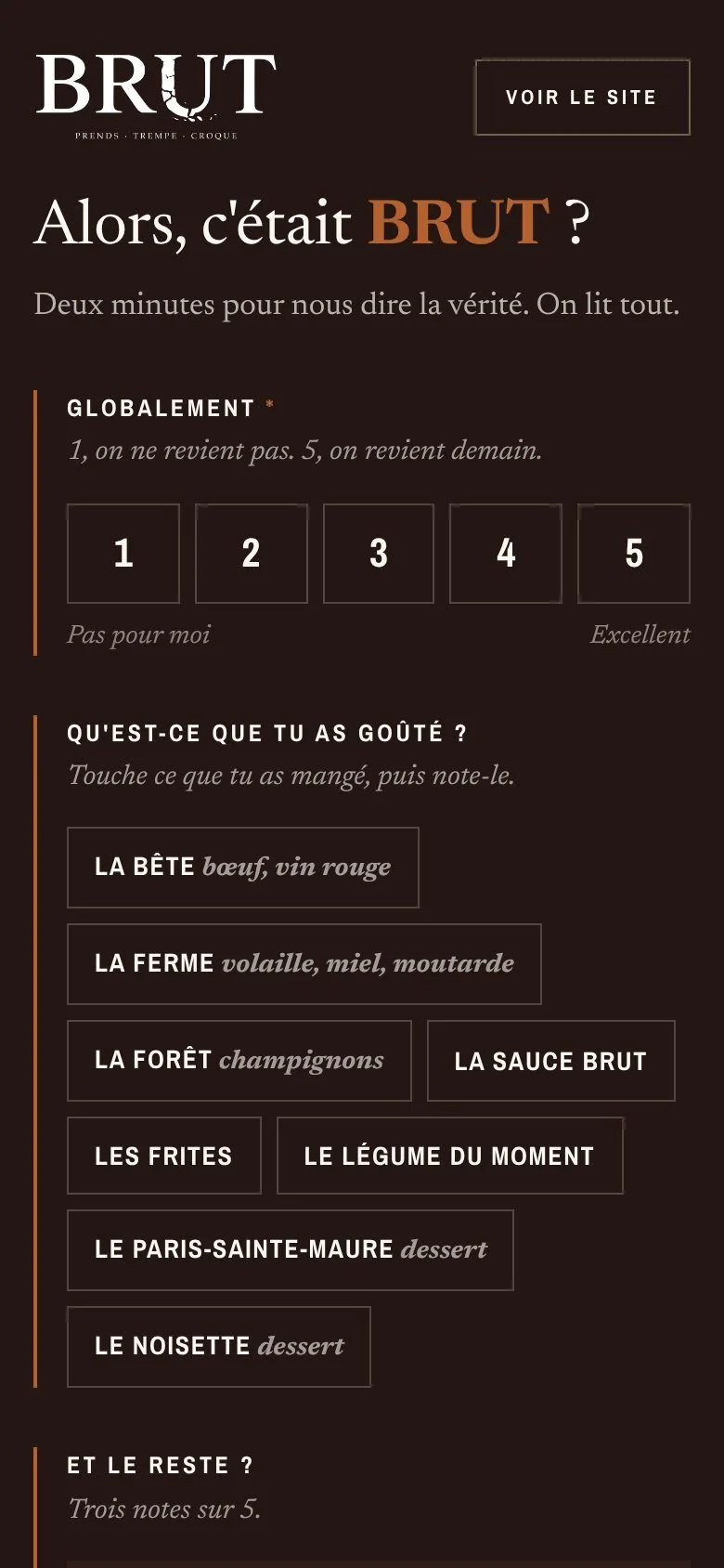The /avis page on a phone: star rating, recipes tasted and a button to Google reviews.