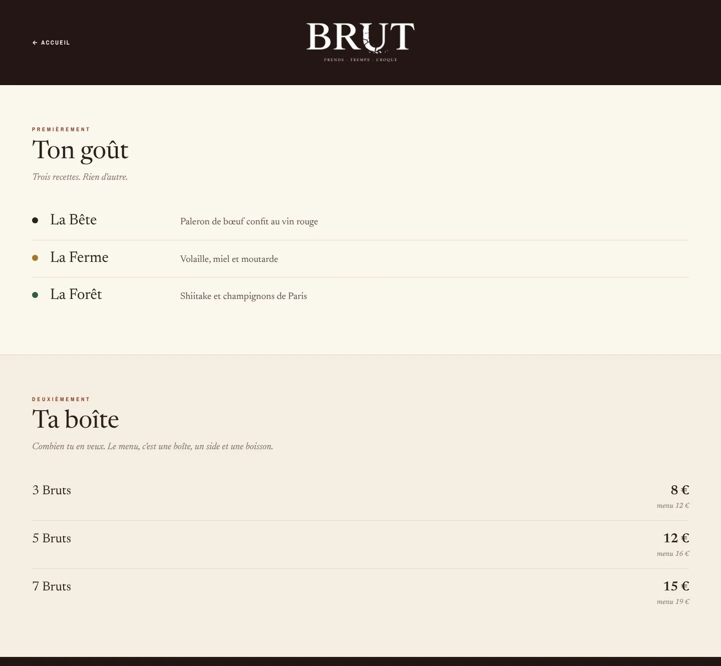 The /menu page: the three recipes in their colours, the set menus and the drinks, laid out like the truck’s printed menu.