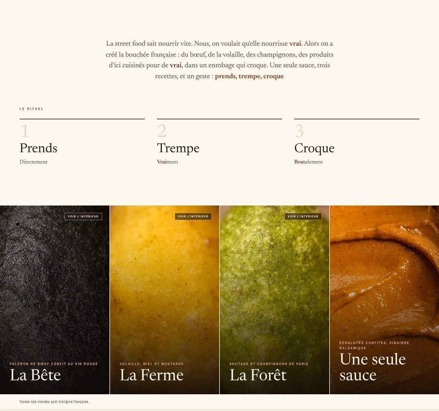The ritual in three numbered steps, then the three recipes and the sauce, each with its close-up photo.