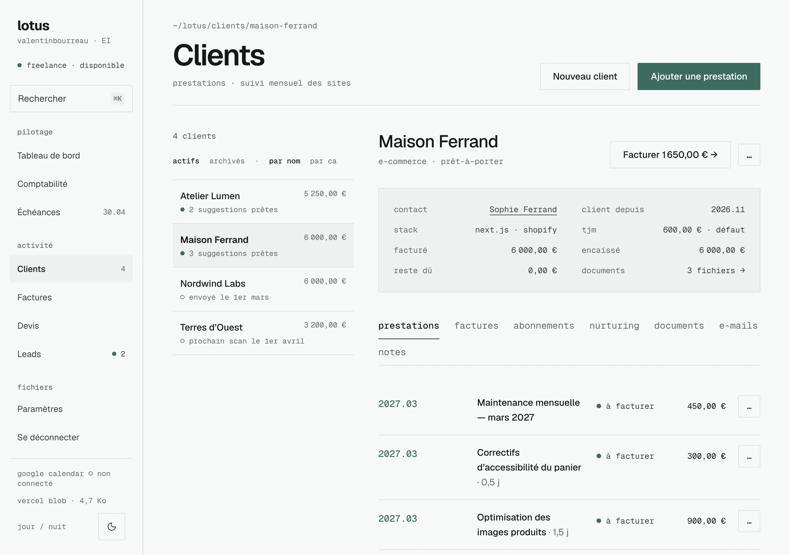 Clients screen: list of clients with their services to invoice and their maintenance subscriptions.