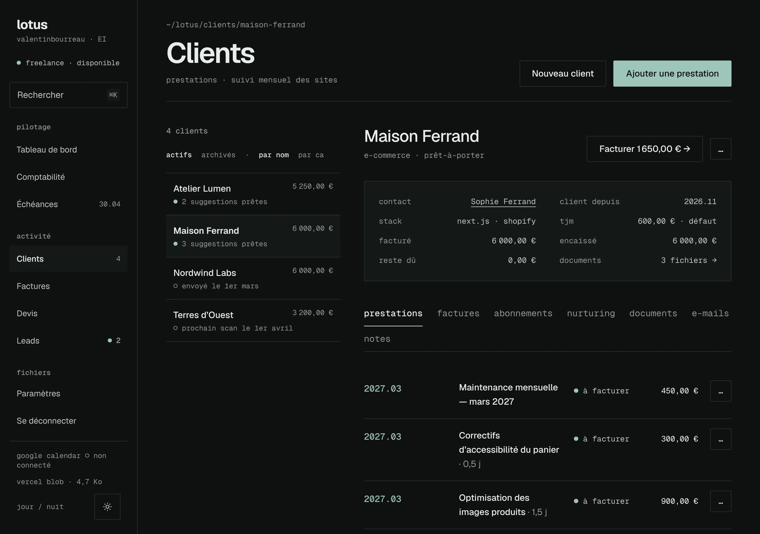 Clients screen: list of clients with their services to invoice and their maintenance subscriptions.