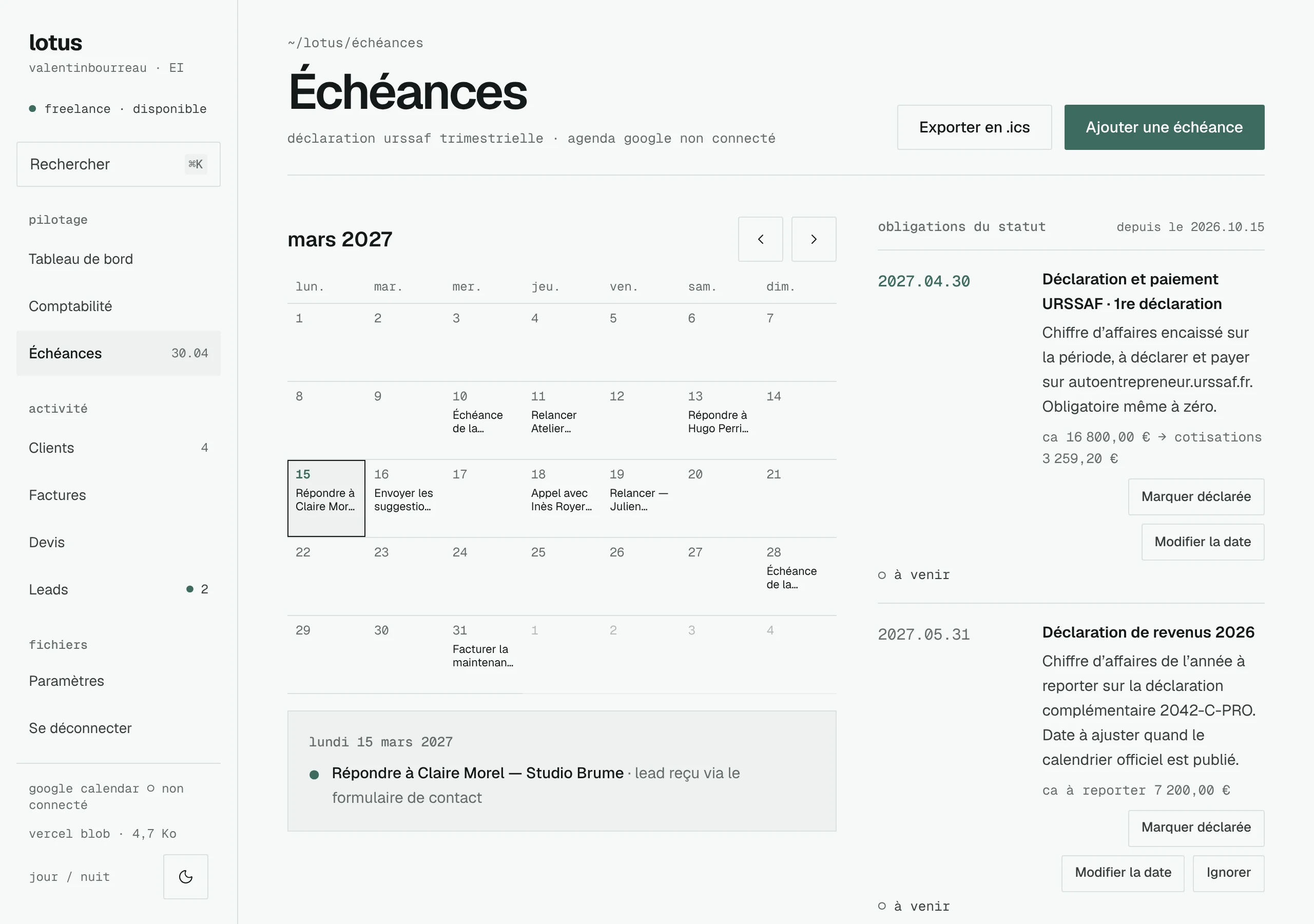 Deadlines screen: calendar of the month, obligations of the status with their estimated amount, state of the sync with Google Calendar.