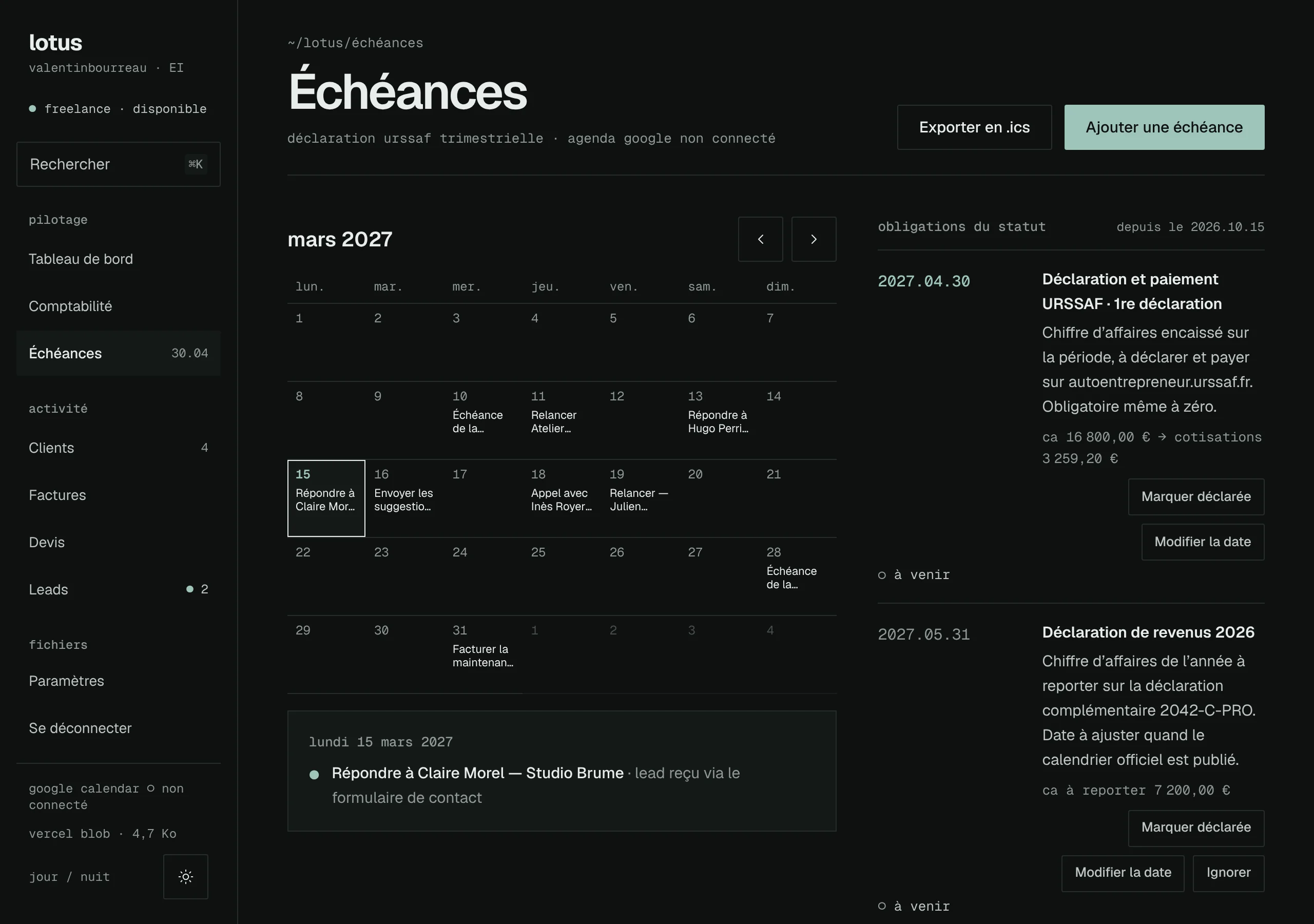 Deadlines screen: calendar of the month, obligations of the status with their estimated amount, state of the sync with Google Calendar.