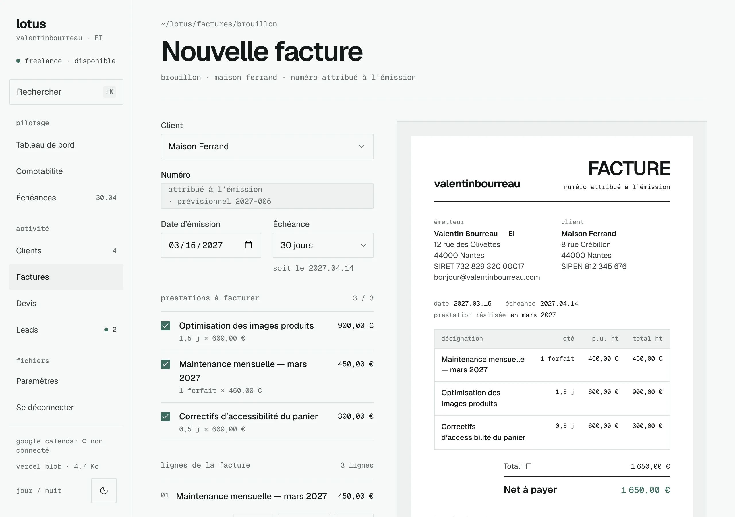 Invoice generator: the services to invoice on the left, the PDF preview on the right, the effect of the amount on the ceilings below.