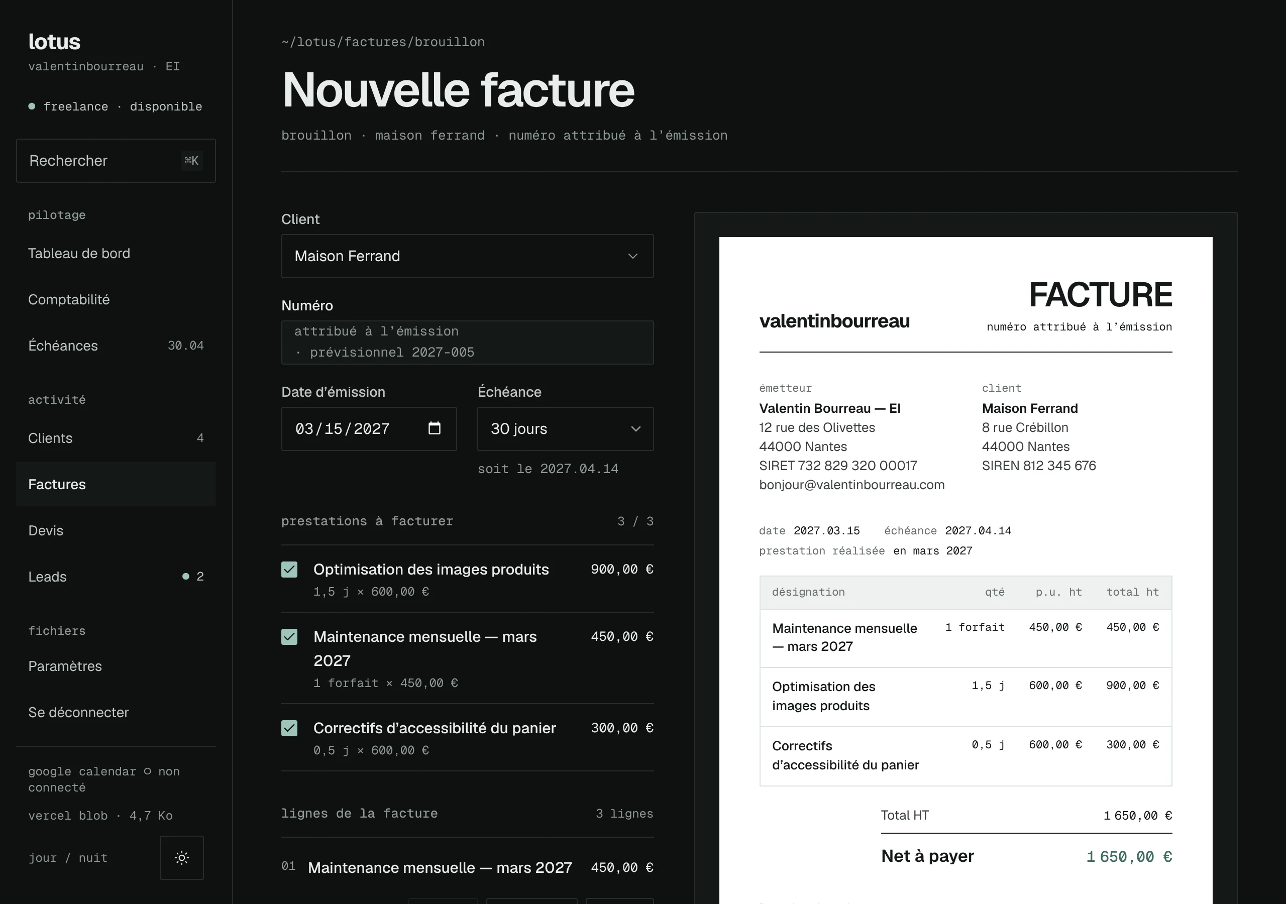Invoice generator: the services to invoice on the left, the PDF preview on the right, the effect of the amount on the ceilings below.