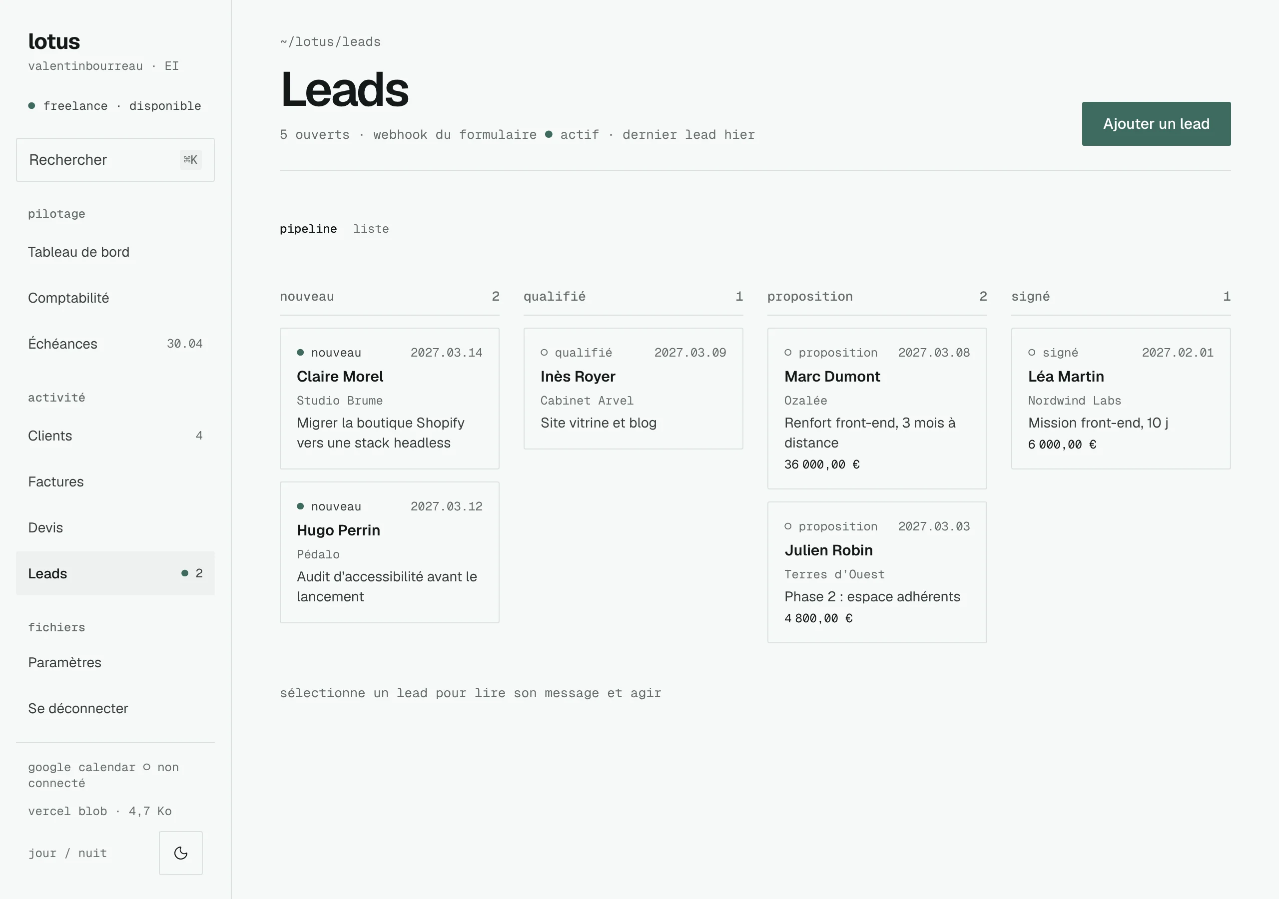 Leads screen: requests from the site’s form, sorted by stage up to conversion into a client.