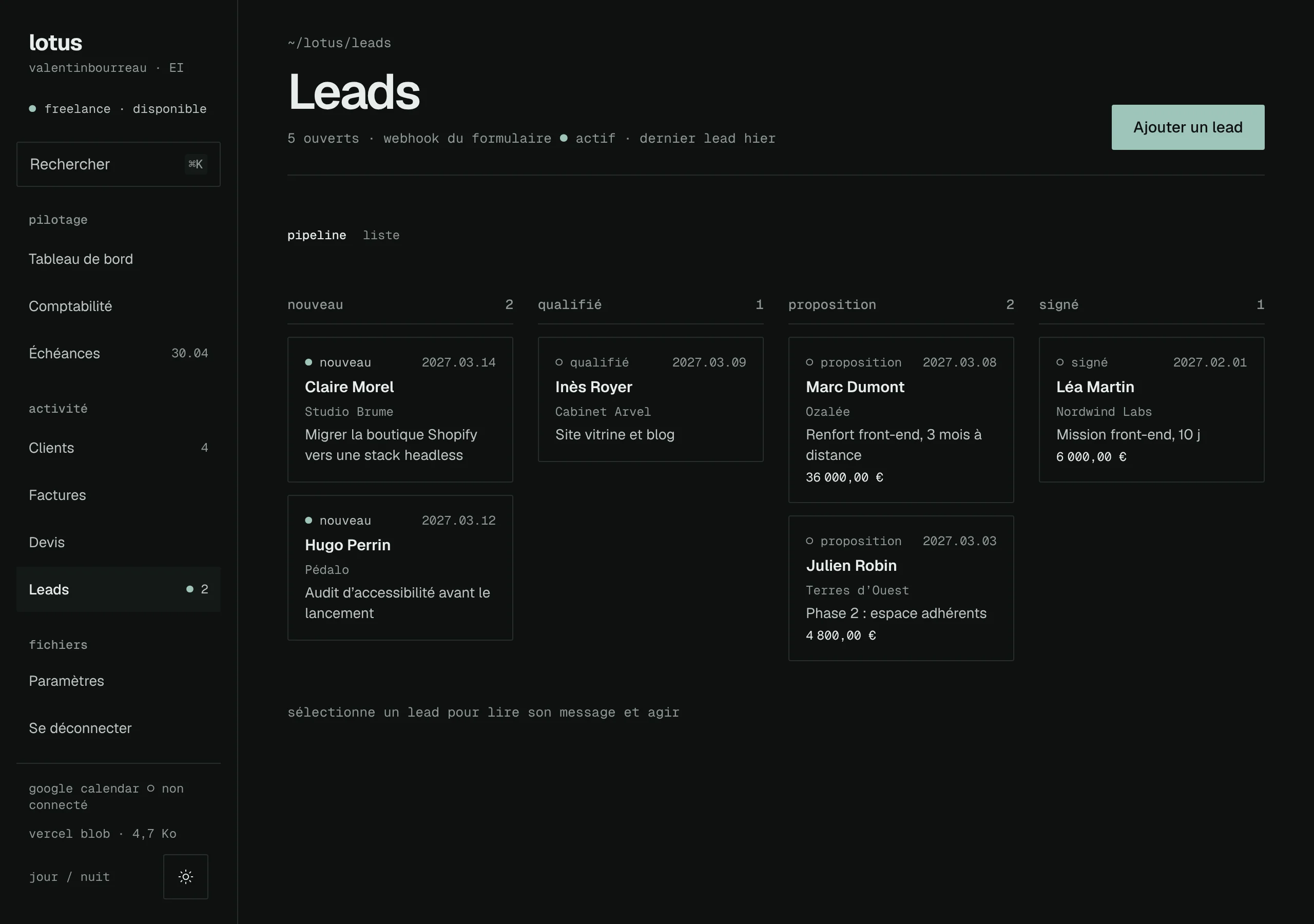 Leads screen: requests from the site’s form, sorted by stage up to conversion into a client.