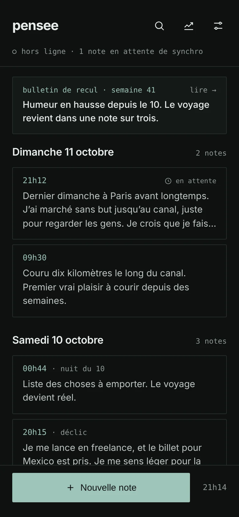 Notes screen in night mode.