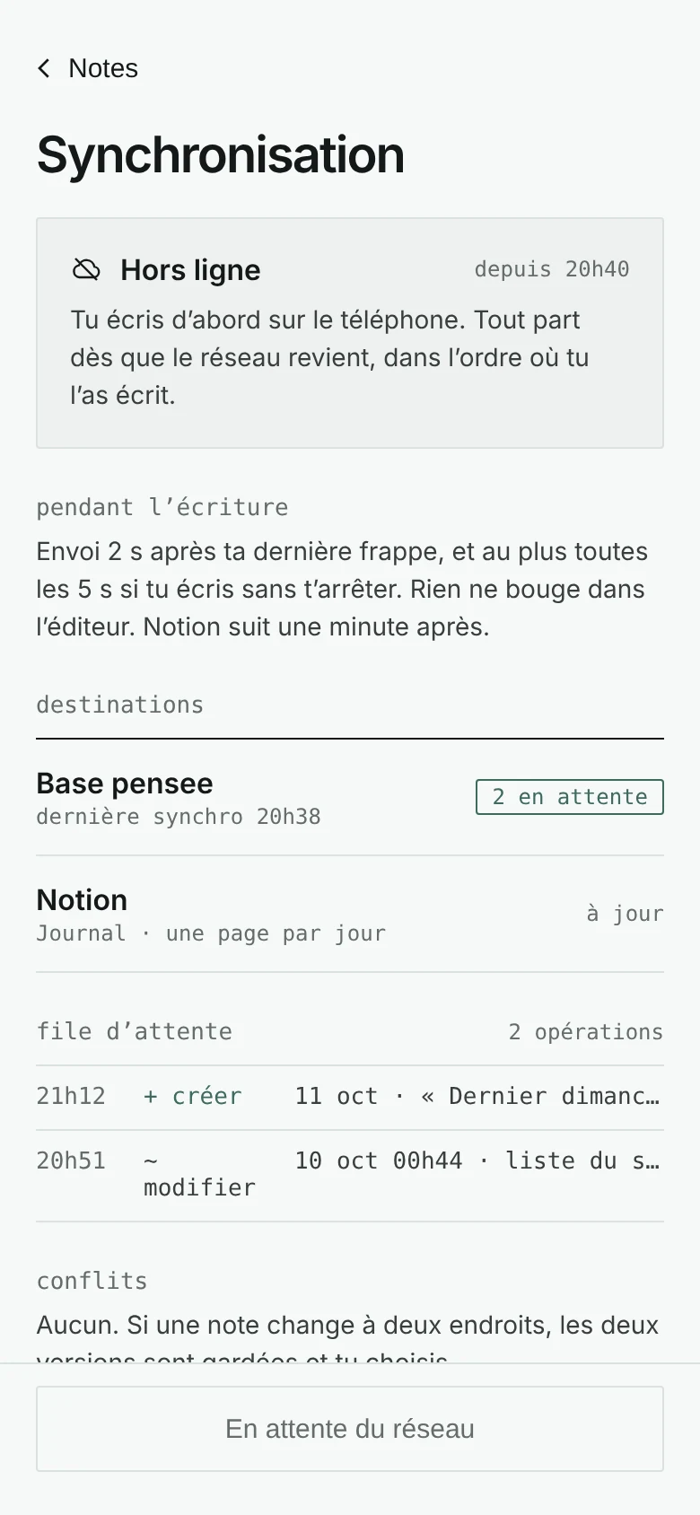 Offline sync screen: status, sending pace, destinations, queue and conflicts.