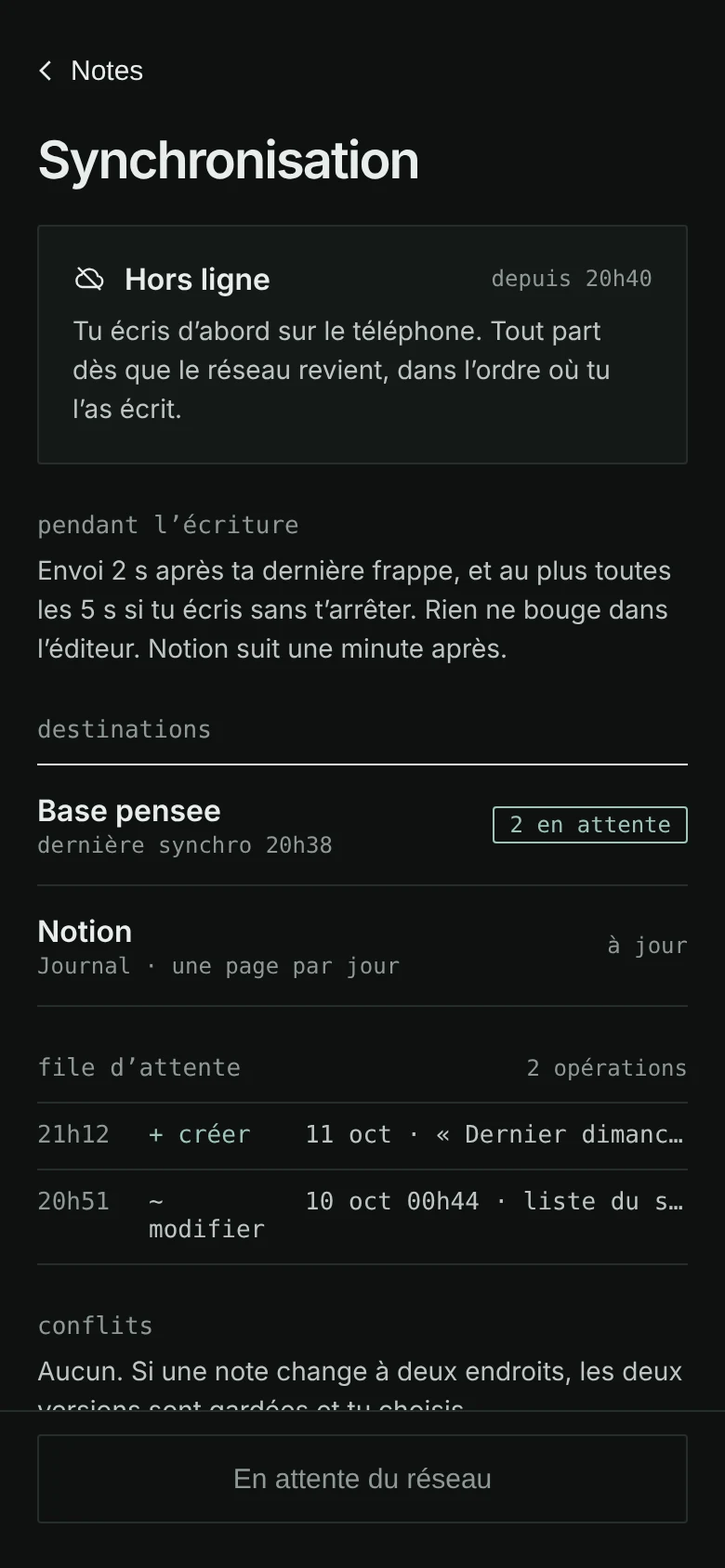 Offline sync screen: status, sending pace, destinations, queue and conflicts.